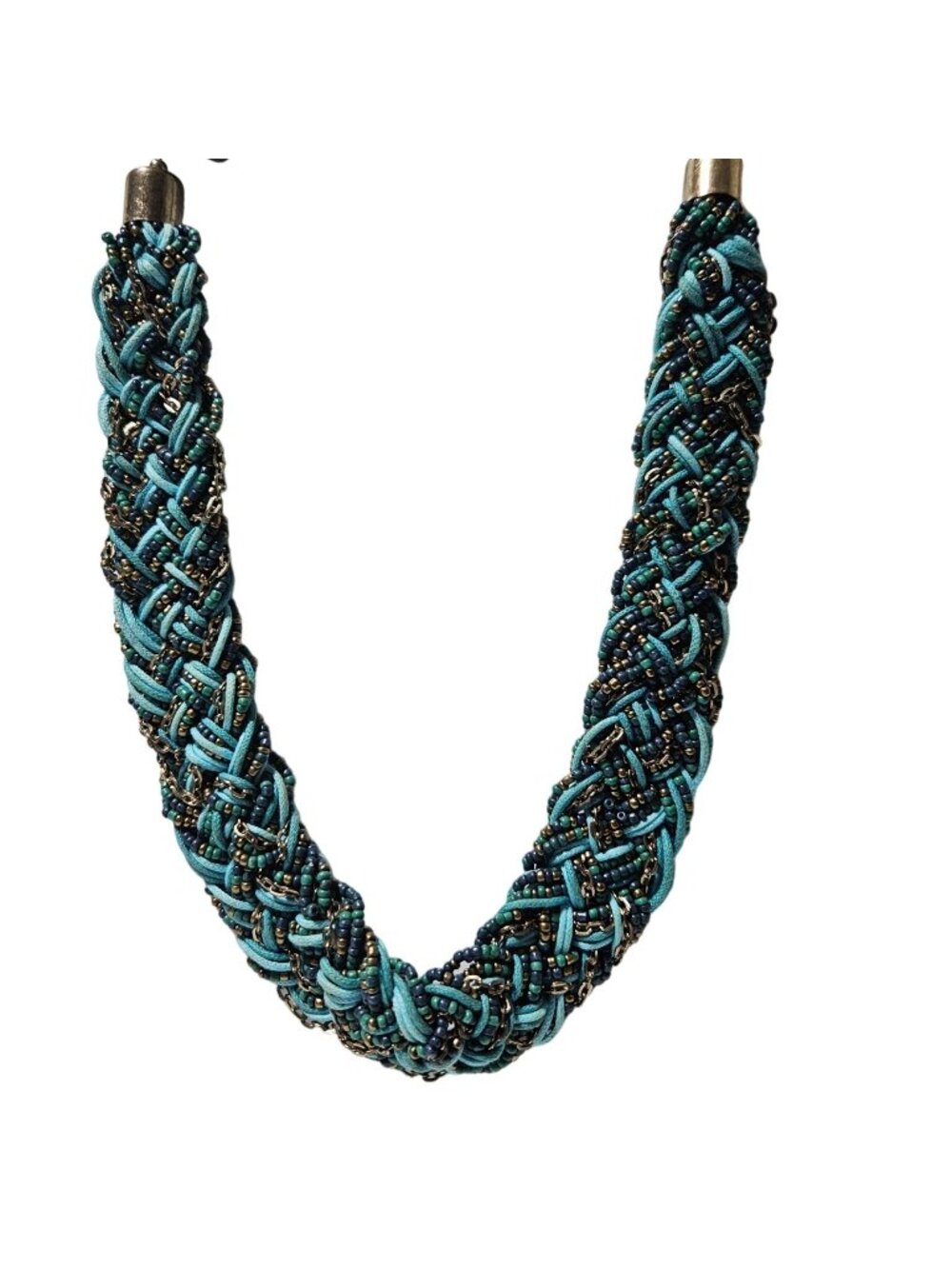 Handcrafted Chunky Braided Seed Bead Necklace Boho Blue Gold Retro Fashion Women